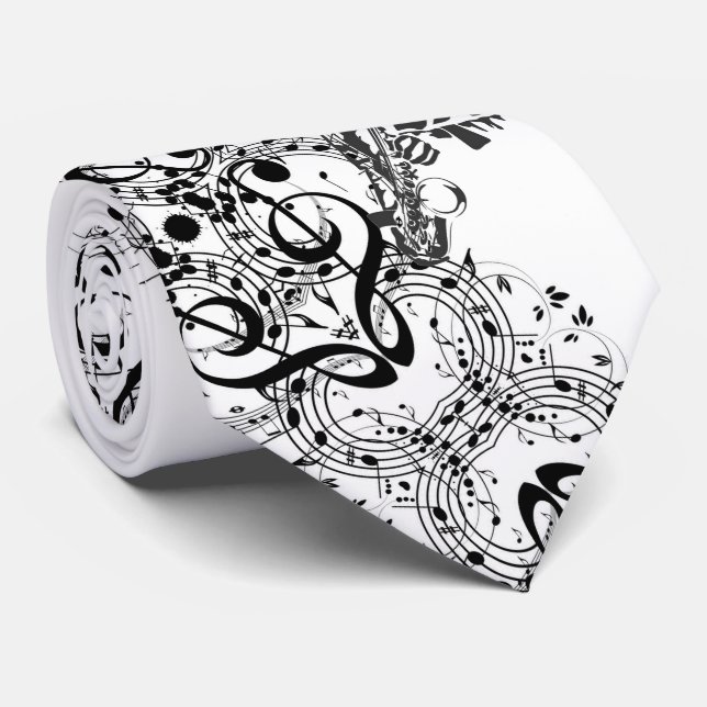 Classic White Tie w/Sax Player & Music Notes (Rolled)