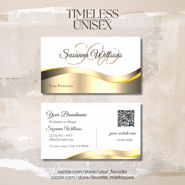 Classic White Wavy Gold Decor Initials and QR Code Business Card (Creator Uploaded)