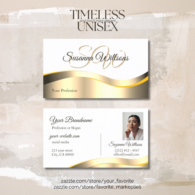 Classic White Wavy Gold Decor with Initials Photo Business Card (Creator Uploaded)