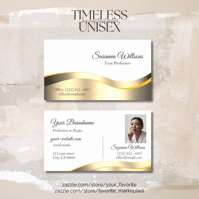 Classic White Wavy Gold Decor with Photo Deluxe Business Card (Creator Uploaded)
