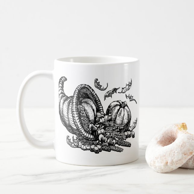 Classic Wicker Cornucopia Black White Illustration Coffee Mug (With Donut)