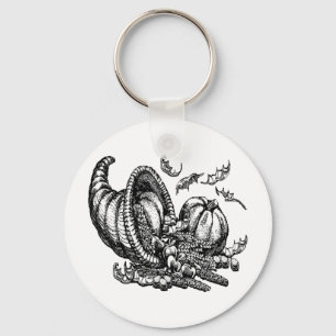 Classic Wicker Cornucopia Black White Illustration Key Ring