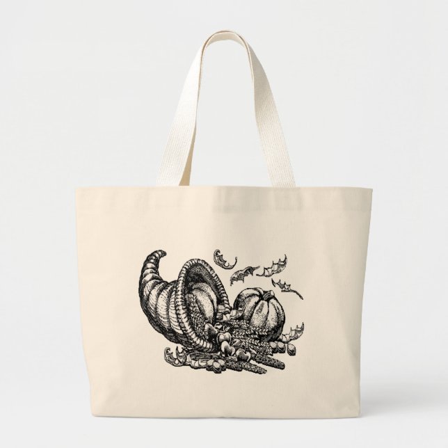 Classic Wicker Cornucopia Black White Illustration Large Tote Bag (Front)