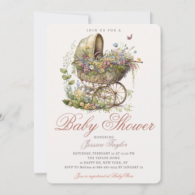 Classic Wicker Stroller Floral Girl Baby Shower Invitation (Front)