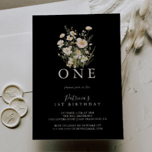 Classic Wildflower Black First Birthday Party Invitation