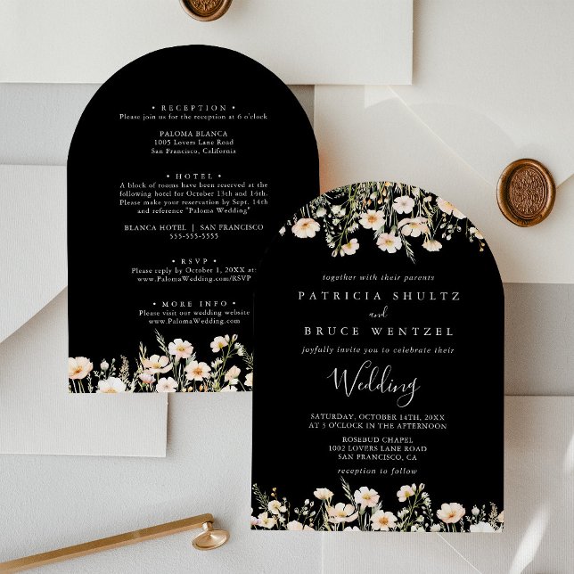 Classic Wildflower Black Front & Back Wedding  Invitation (Creator Uploaded)