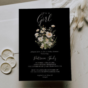 Classic Wildflower Black It's A Girl Baby Shower Invitation