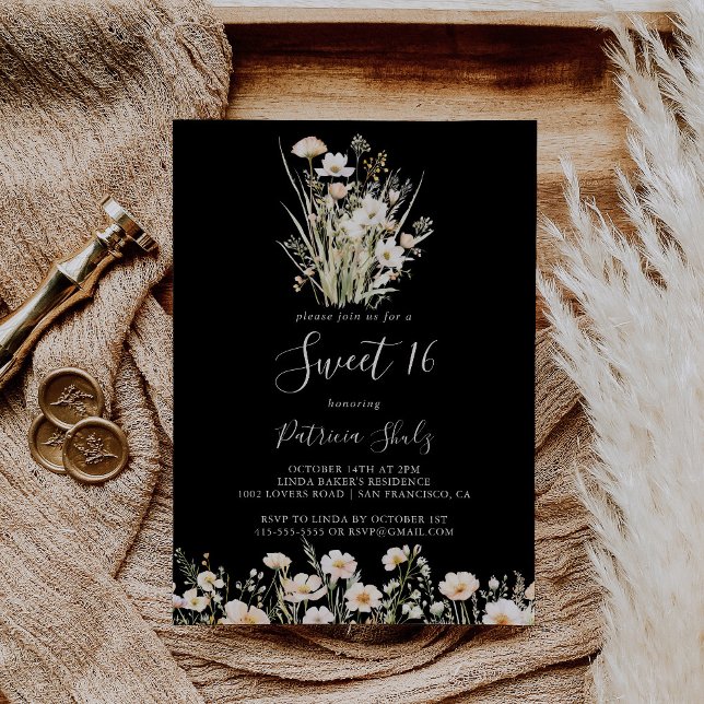 Classic Wildflower Black Sweet 16 Birthday Party Invitation (Creator Uploaded)