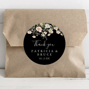 Classic Wildflower Black Thank You Wedding Favour Classic Round Sticker