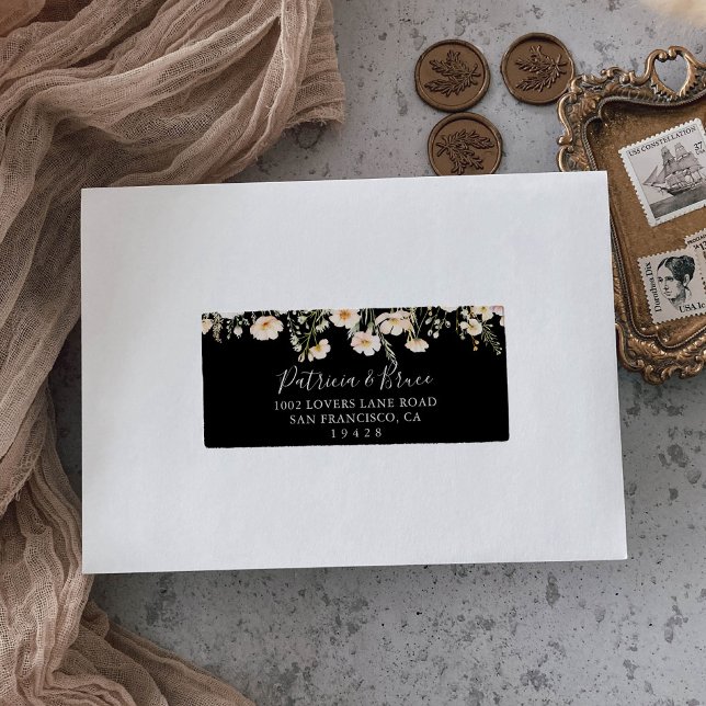 Classic Wildflower Black Wedding RSVP Address  Label (Creator Uploaded)