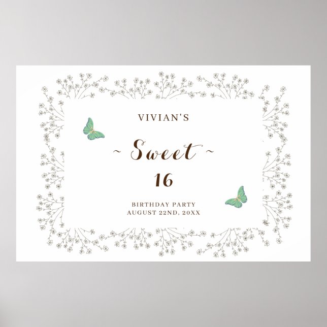 Classic Wildflower & Butterfly Sweet Sixteen Party Poster (Front)