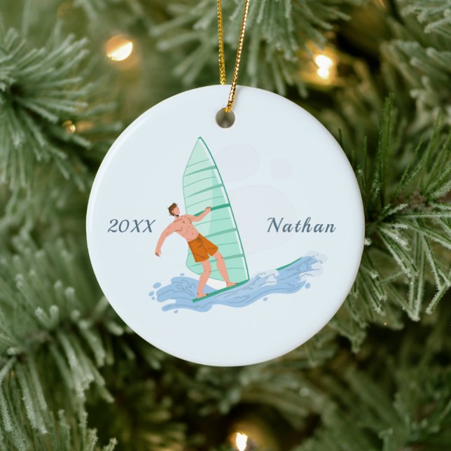 Classic Windsurfing Brunette Surfer Name & Year Ceramic Tree Decoration (Tree)