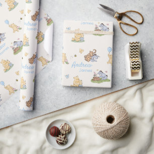 Classic Winnie the Pooh Blue Boy Baby Shower Gift  Wrapping Paper