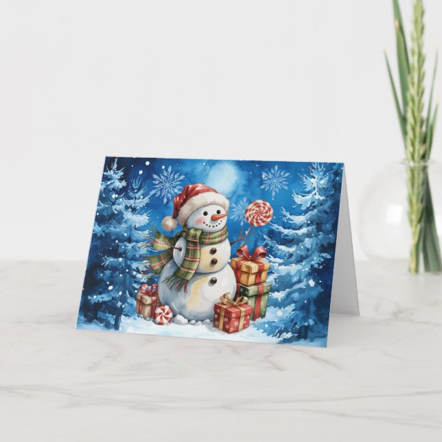 Classic Winter Blue Christmas Snowman  Holiday Card (Front)