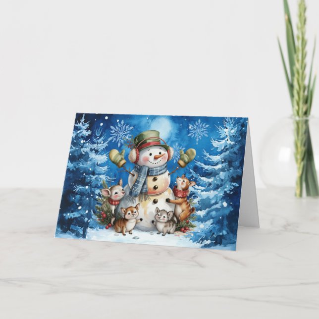 Classic Winter Blue Snowman & Woodland Animals Holiday Card (Front)