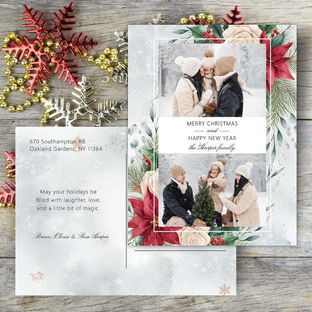 Classic Winter Botanical Two Photo Holiday Postcard (Creator Uploaded)