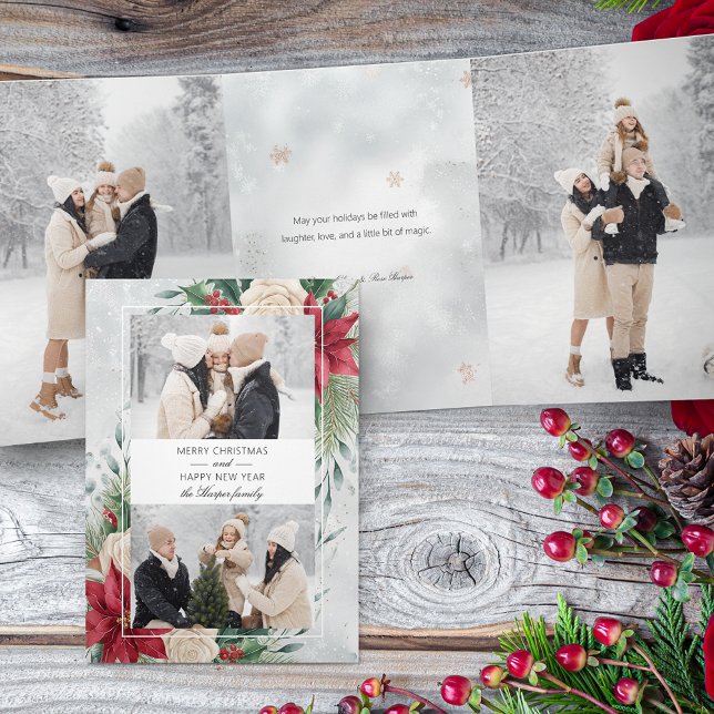 Classic Winter Botanical Two Photo Tri-Fold Card (Creator Uploaded)