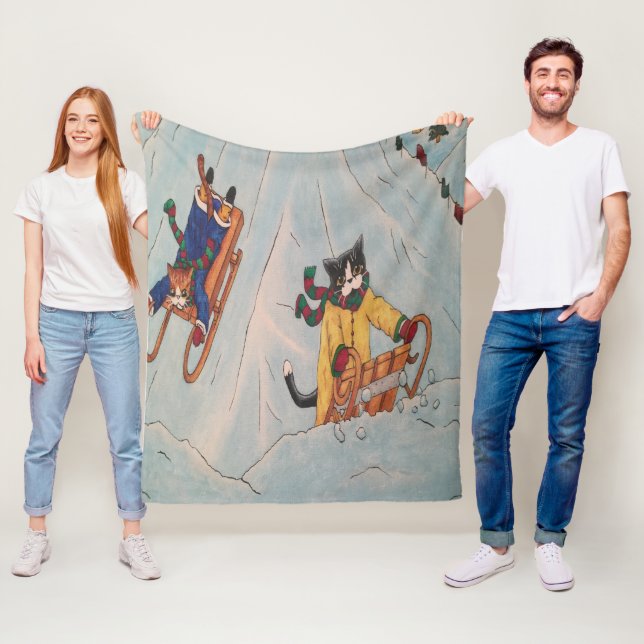 Classic Winter Christmas Sledging Cats Fleece Blanket (In Situ)