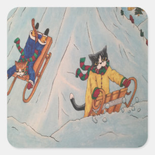 Classic Winter Christmas Sledging Cats Rectangular Square Sticker