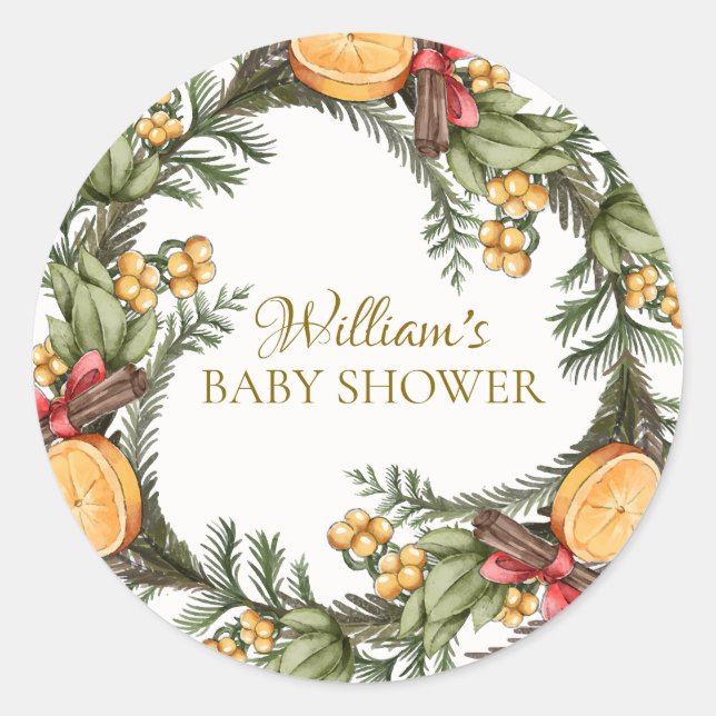 Classic Winter Christmas Wreath Baby Shower Classic Round Sticker (Front)