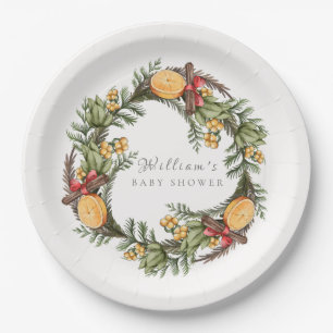 Classic Winter Christmas Wreath Baby Shower Paper Plate