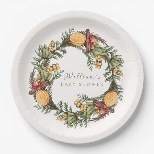 Classic Winter Christmas Wreath Baby Shower Paper Plate (Front)