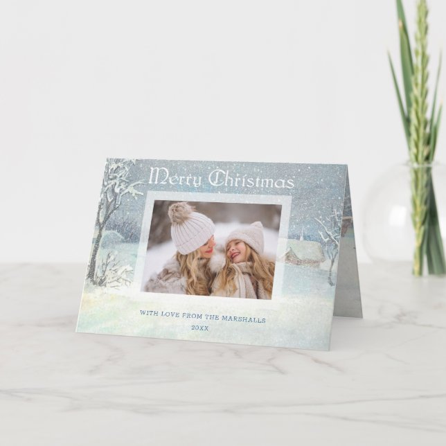 Classic Winter Merry Christmas Snow Photo Holiday Card (Front)