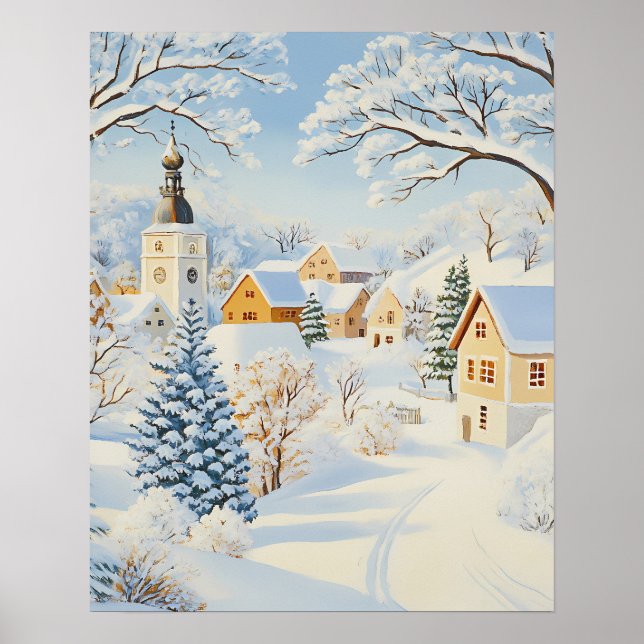 Classic Winter Village with Snowy Church and Trees Poster (Front)