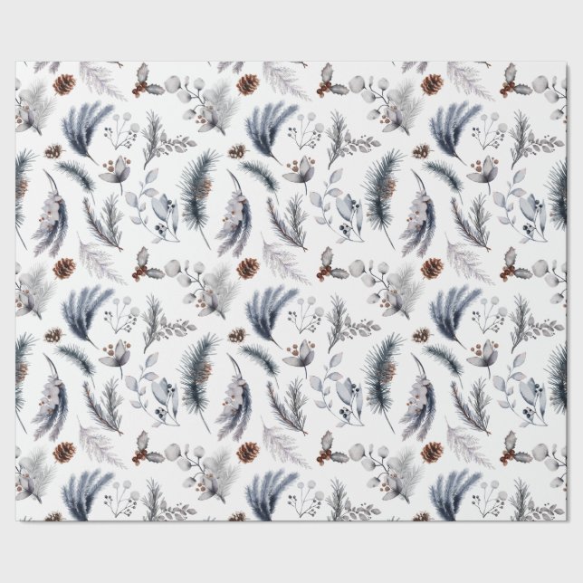 Classic Winter White Rustic Watercolor Botanicals Wrapping Paper (Seam)
