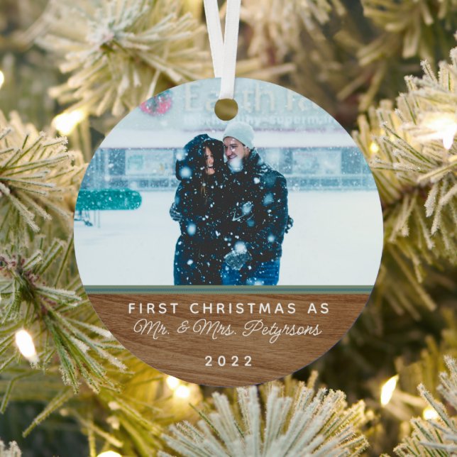 Classic Wood First Christmas Married Photo Metal O Tree Decoration (Insitu)