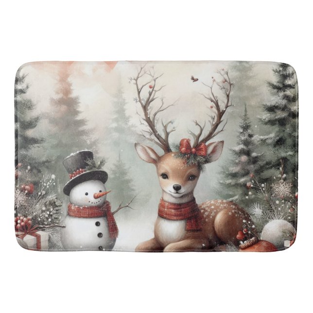 Classic woodland Christmas deer/snowman Bath Mat (Front)