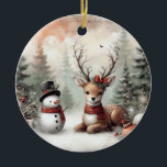 Classic woodland Christmas deer/snowman Ceramic Tree Decoration<br><div class="desc">vintage styled</div>