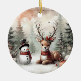 Classic woodland Christmas deer/snowman Ceramic Tree Decoration