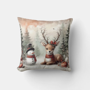 Classic woodland Christmas deer/snowman Cushion