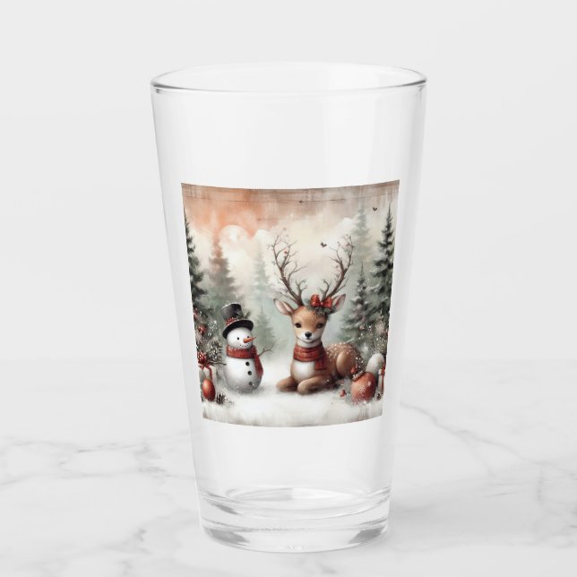 Classic woodland Christmas deer/snowman Glass (Front)