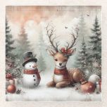Classic woodland Christmas deer/snowman Glass Coaster<br><div class="desc">vintage styled</div>