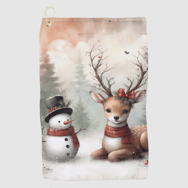 Classic woodland Christmas deer/snowman Golf Towel (Front)