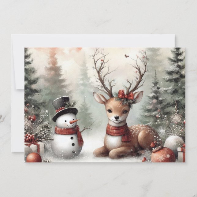 Classic woodland Christmas deer/snowman Holiday Card (Front)