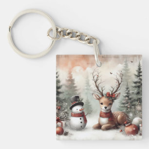 Classic woodland Christmas deer/snowman Key Ring