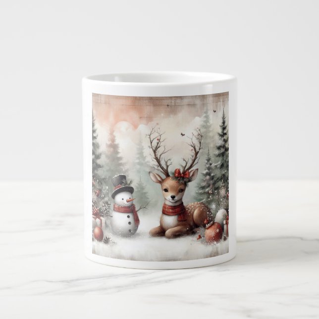 Classic woodland Christmas deer/snowman Large Coffee Mug (Front)