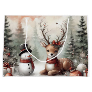 Classic woodland Christmas deer/snowman Large Gift Bag