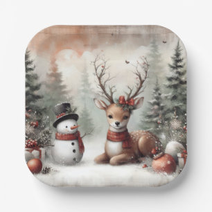 Classic woodland Christmas deer/snowman Paper Plate