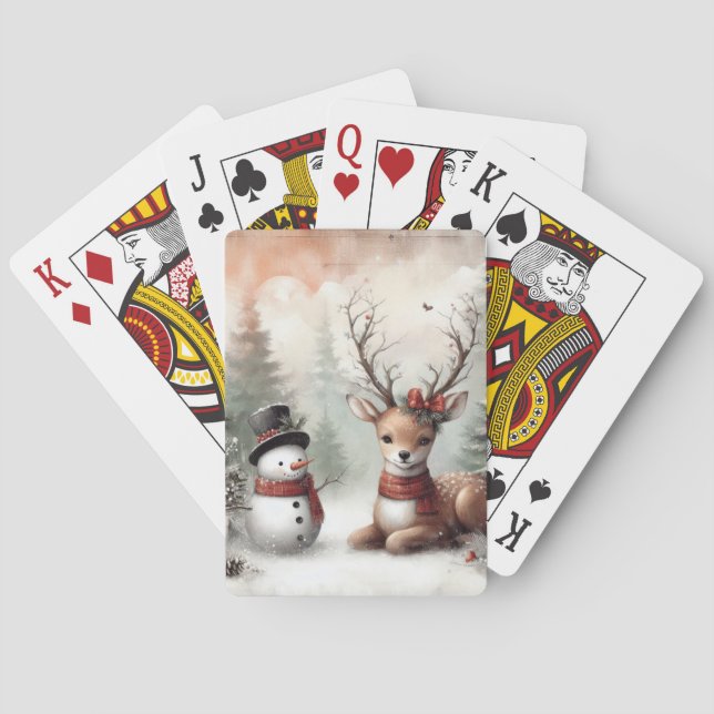 Classic woodland Christmas deer/snowman Playing Cards (Back)