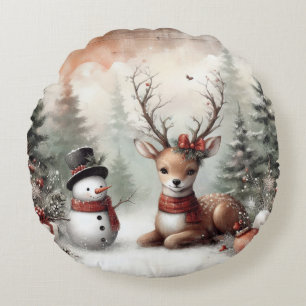 Classic woodland Christmas deer/snowman Round Cushion