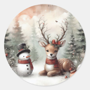 Classic woodland Christmas deer/snowman Round Sticker