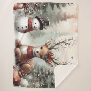 Classic woodland Christmas deer/snowman Sherpa Blanket