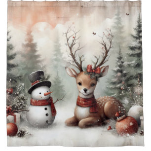 Classic woodland Christmas deer/snowman Shower Curtain