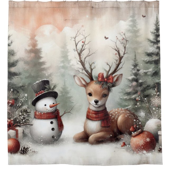 Classic woodland Christmas deer/snowman Shower Curtain (Front)