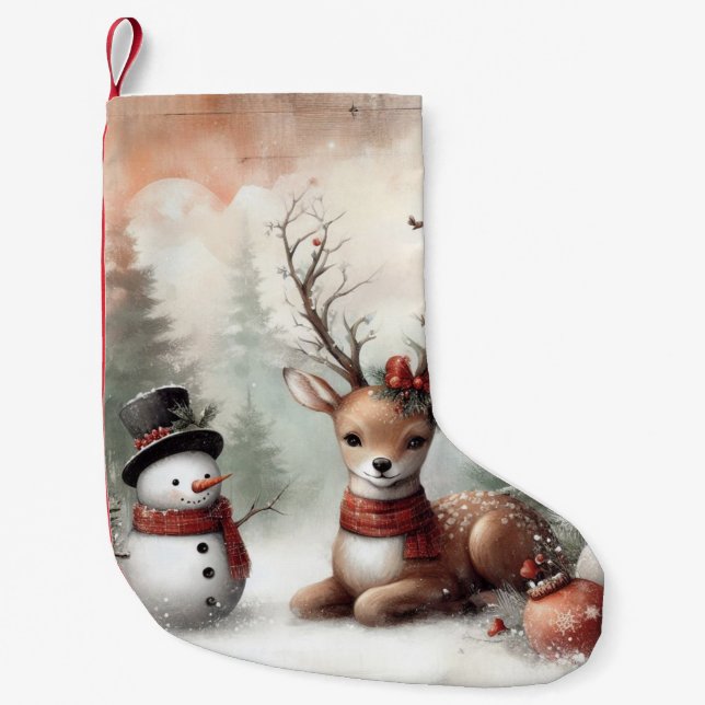 Classic woodland Christmas deer/snowman Small Christmas Stocking (Front)