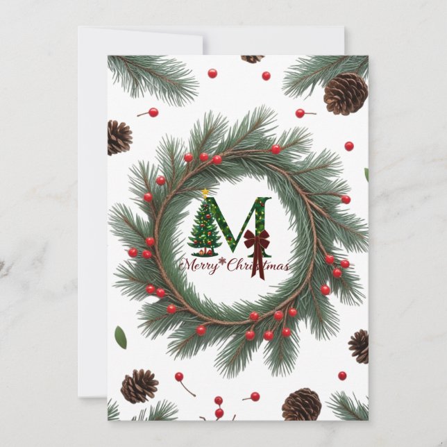 Classic Woodland Wreath Flat Holiday Card – Rustic (Front)